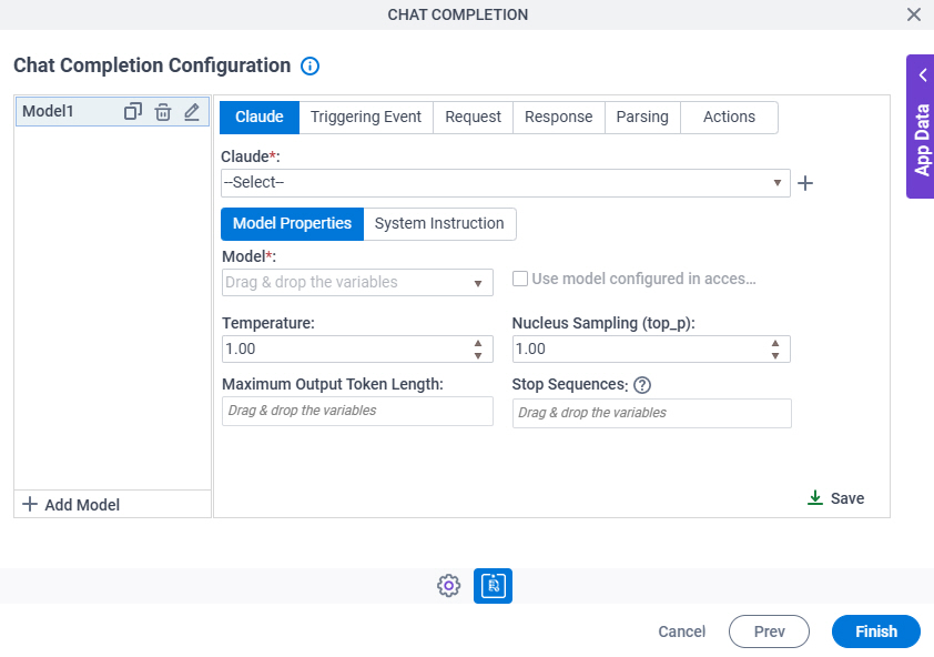 Chat Completion Configuration Claude Model Properties tab