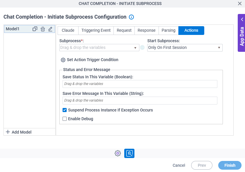 Chat Completion Initiate Subprocess Configuration Actions tab