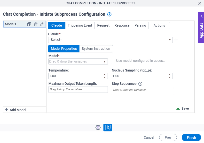 Chat Completion Initiate Subprocess Configuration OpenAI Model Properties tab