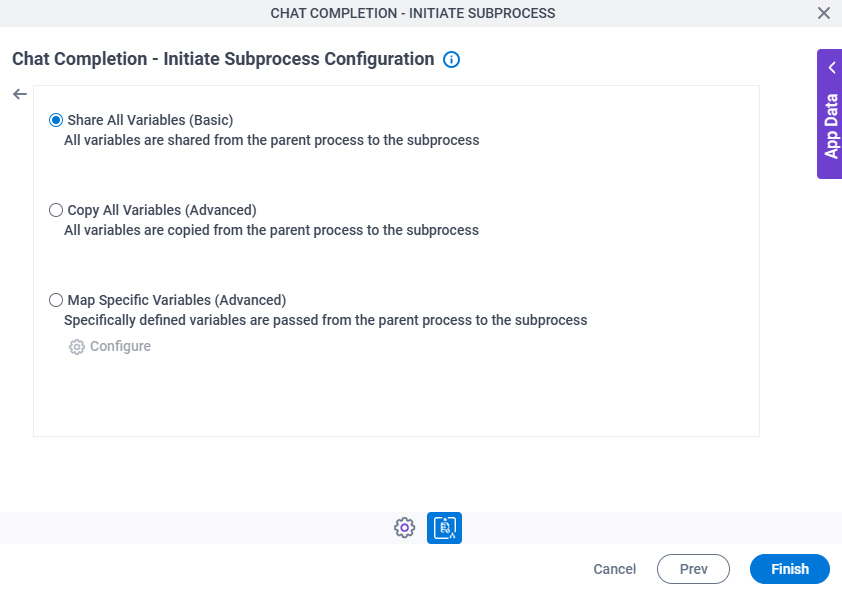 Chat Completion Initiate Subprocess Configuration Actions tab Mapping Variables screen