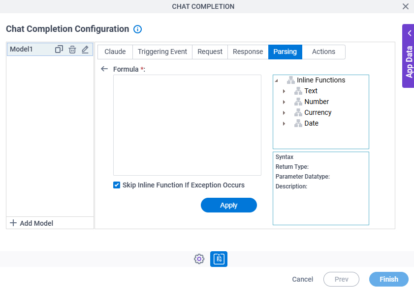 Chat Completion Configuration Parsing Inline Functions screen