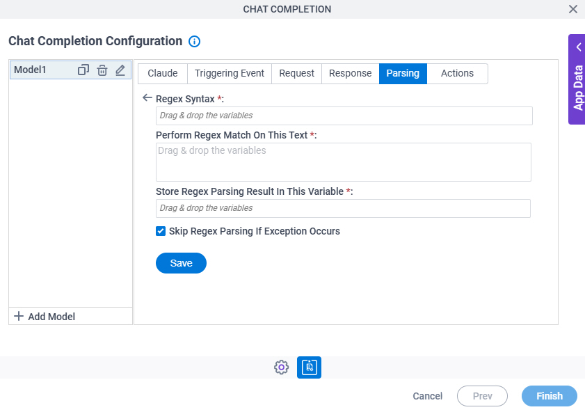 Chat Completion Configuration Parsing Regex Parsing screen