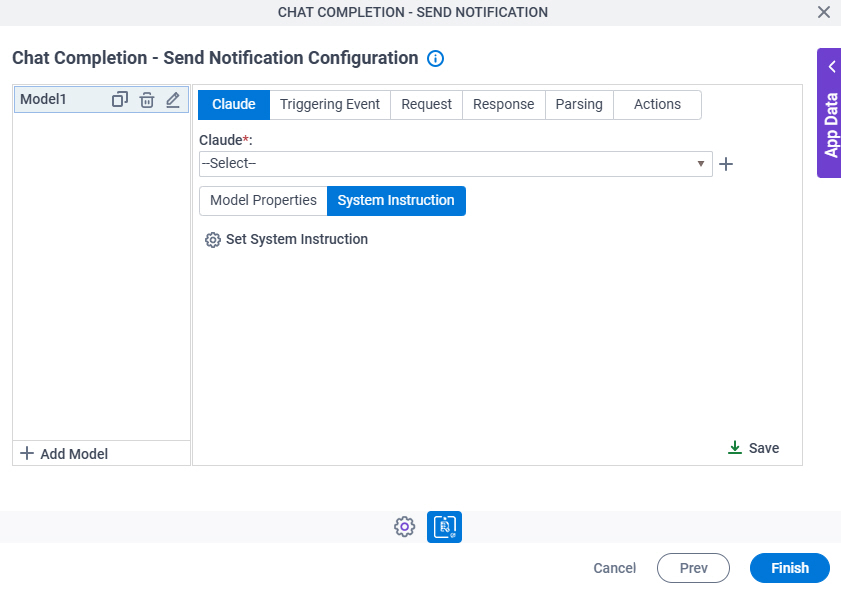 Chat Completion Configuration Claude System Instruction tab