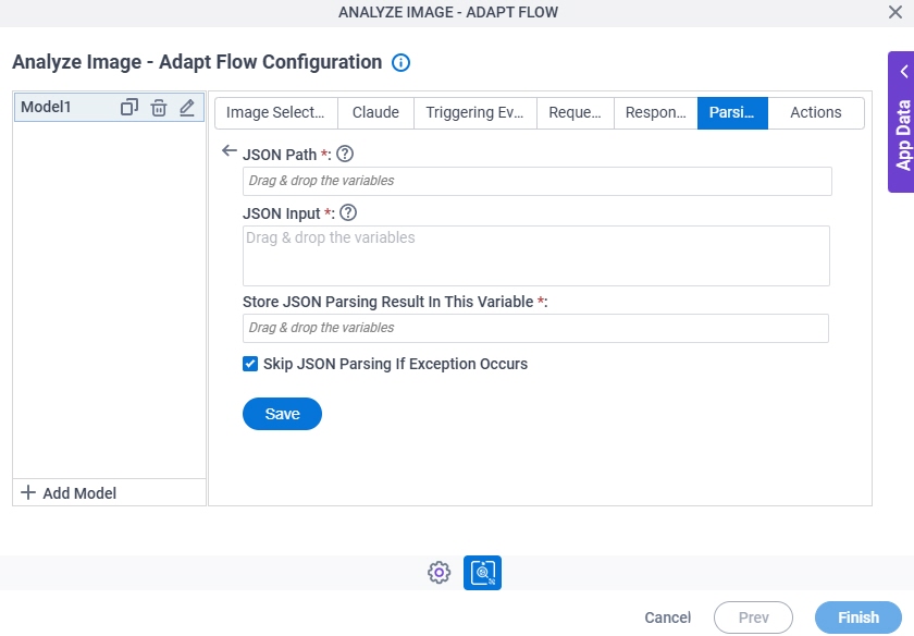 Analyze Image Adapt Flow Configuration Parsing JSON Parsing screen