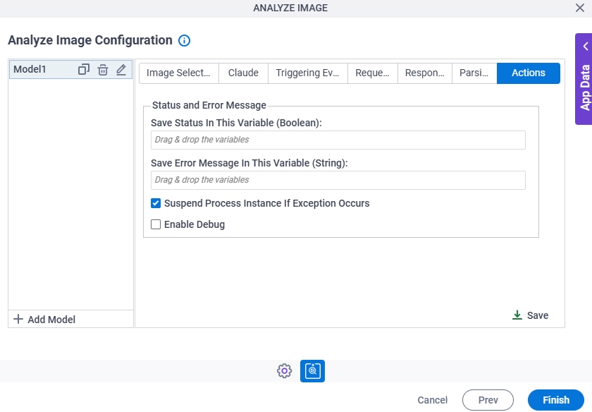 Analyze Image Configuration Actions tab