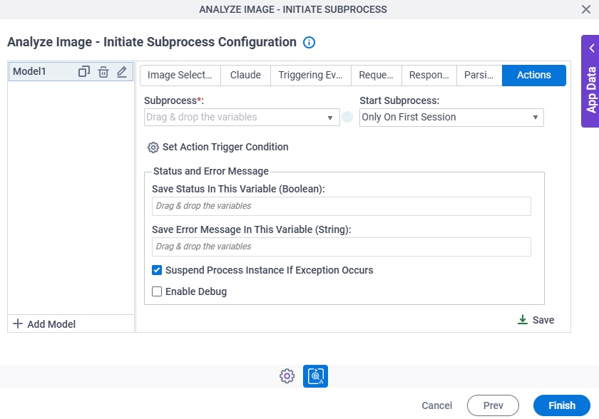 Analyze Image Initiate Subprocess Configuration Actions tab
