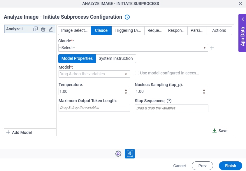 Analyze Image Initiate Subprocess Configuration Claude Model Properties tab