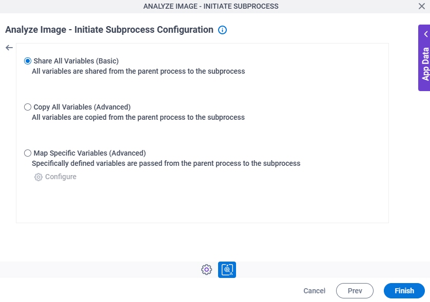 Analyze Image Initiate Subprocess Configuration Additional Actions tab Mapping Variables screen