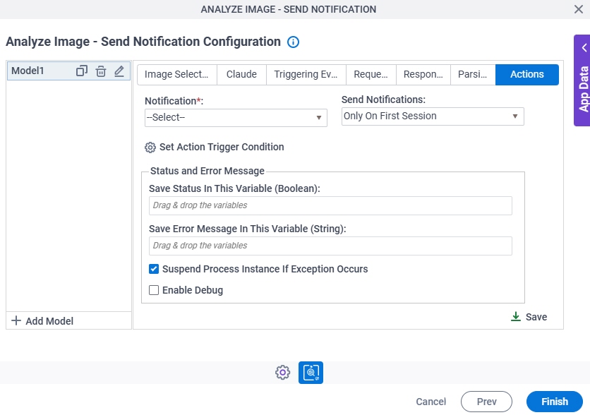 Analyze Image Send Notification Configuration Actions tab