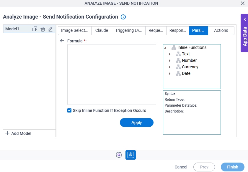 Analyze Image Send Notification Configuration Parsing Inline Functions screen