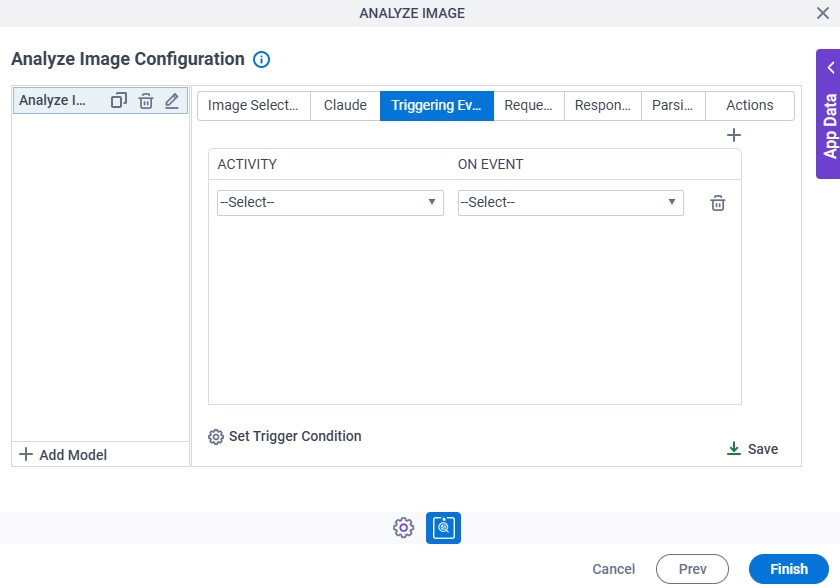 Analyze Image Configuration Triggering Event tab