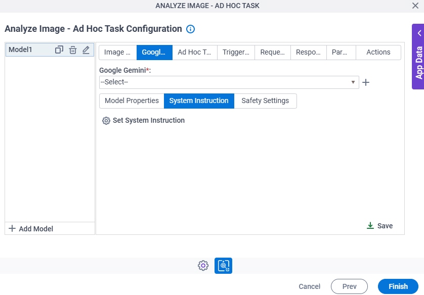 Analyze Image Ad Hoc Task Configuration Google Gemini System Instruction tab