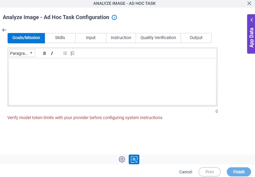 Analyze Image Ad Hoc Task Configuration System Instruction Goals Mission tab