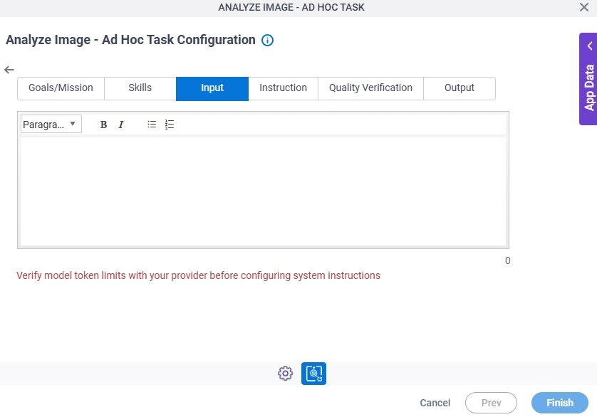 Analyze Image Ad Hoc Task Configuration System Instruction Input tab