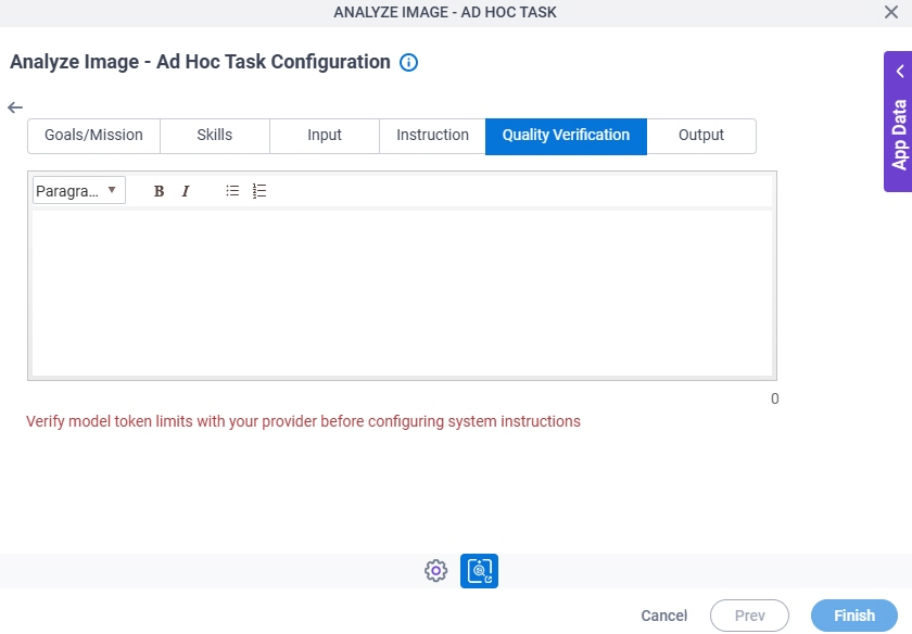Analyze Image Ad Hoc Task Configuration System Instruction Quality Verification tab