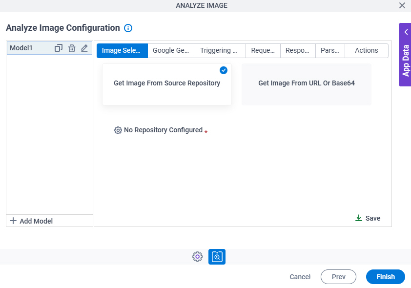 Analyze Image Configuration Image Selection tab