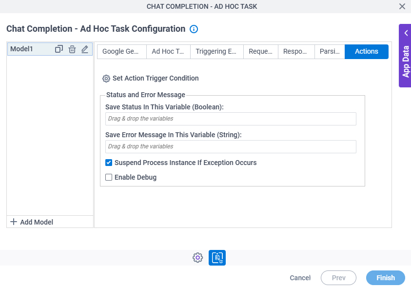 Chat Completion Ad Hoc Task Configuration Actions tab