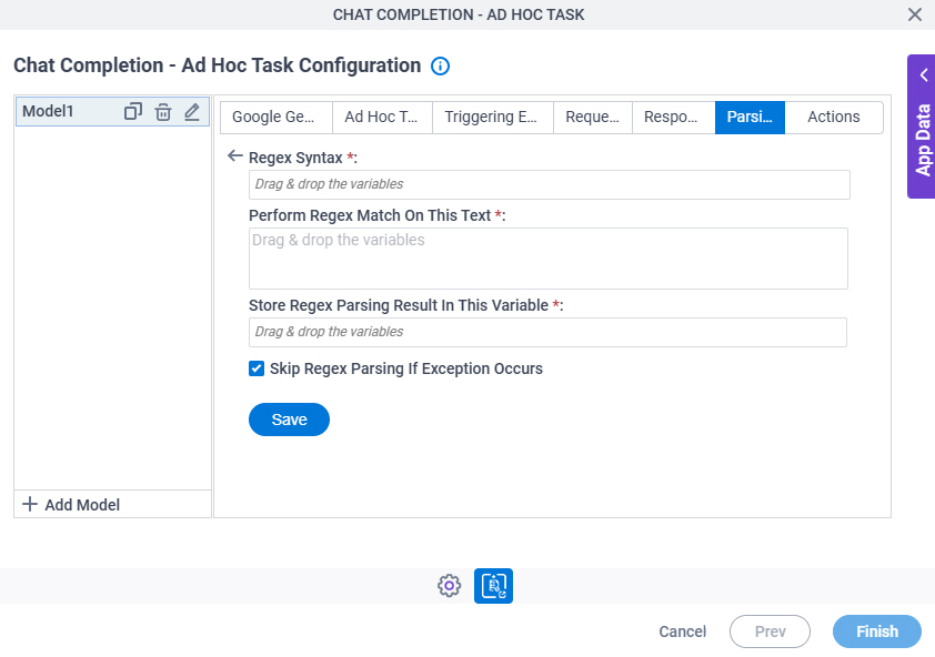 Chat Completion Ad Hoc Task Configuration Parsing Regex Parsing screen