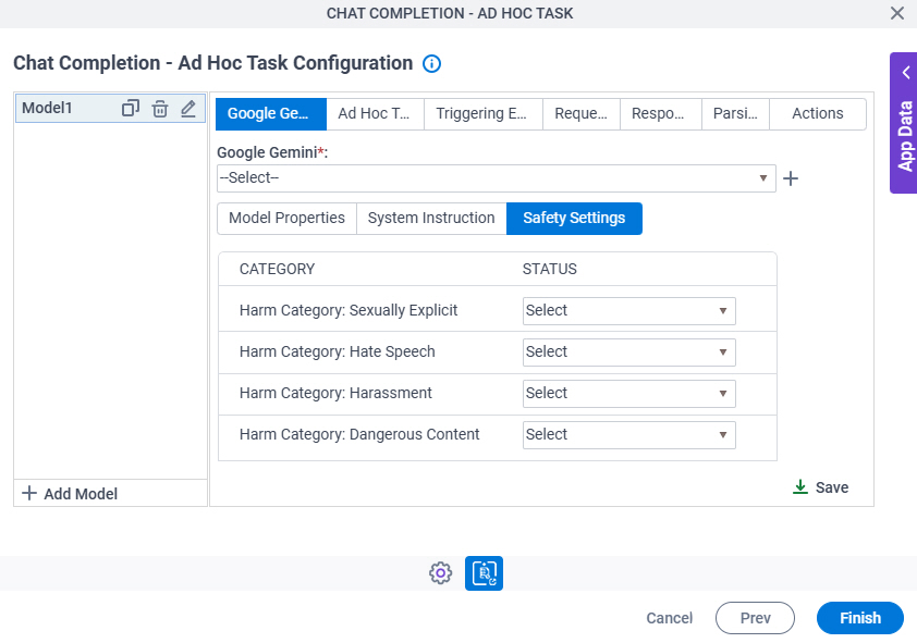 Chat Completion Ad Hoc Task Configuration Google Gemini Safety Settings tab