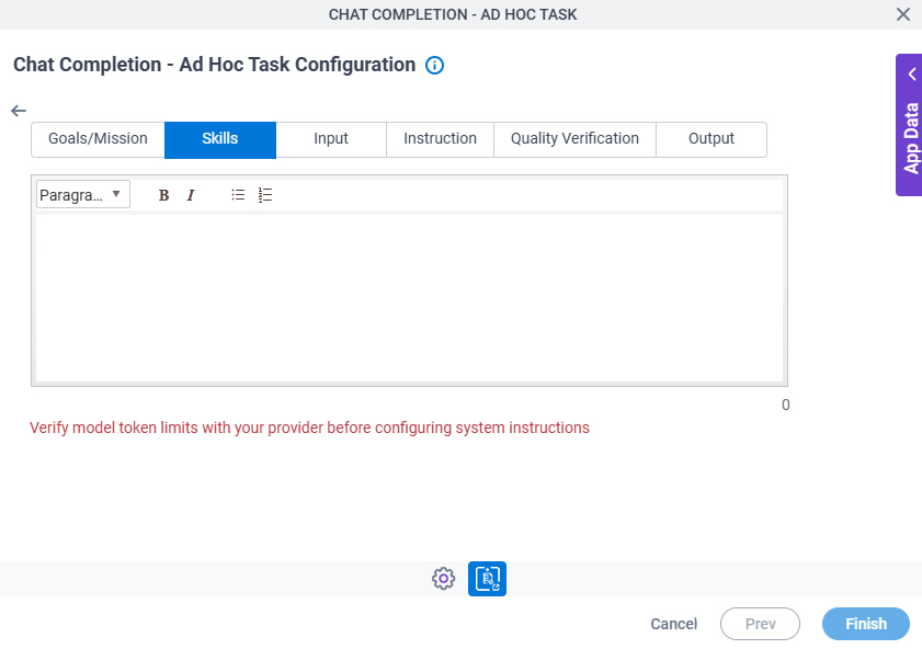 Chat Completion Ad Hoc Task Configuration System Instruction Skills tab