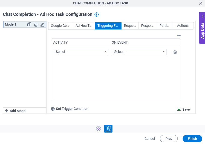 Chat Completion Ad Hoc Task Configuration Triggering Event tab