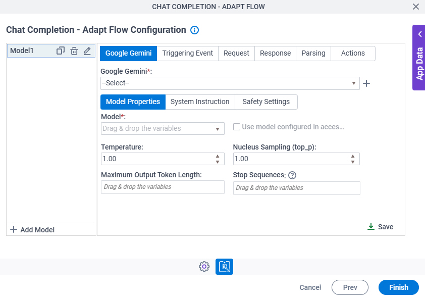 Chat Completion Adapt Flow Configuration Google Gemini Model Properties tab