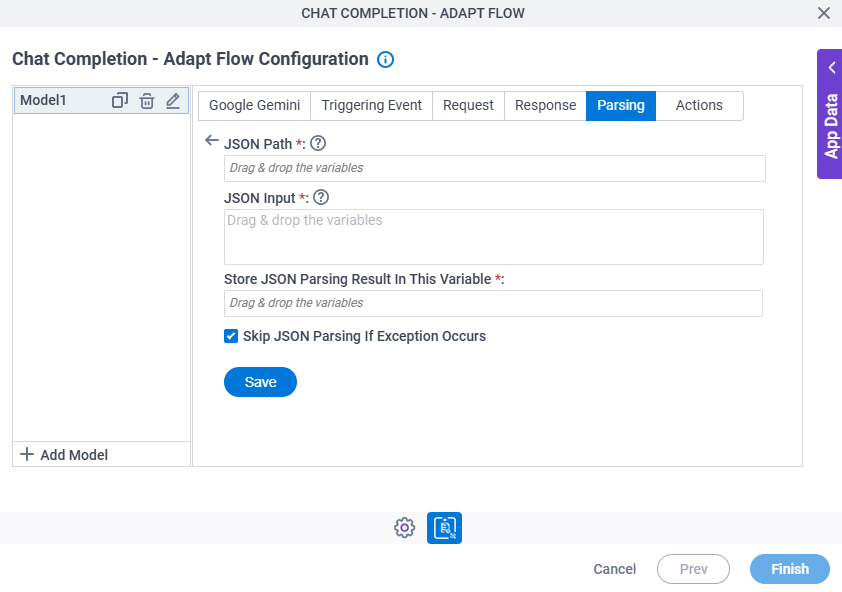 Chat Completion Configuration Adapt Flow Parsing JSON Parsing screen