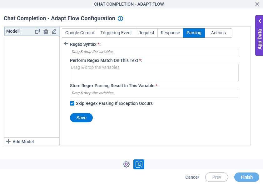Chat Completion Adapt Flow Configuration Parsing Regex Parsing screen