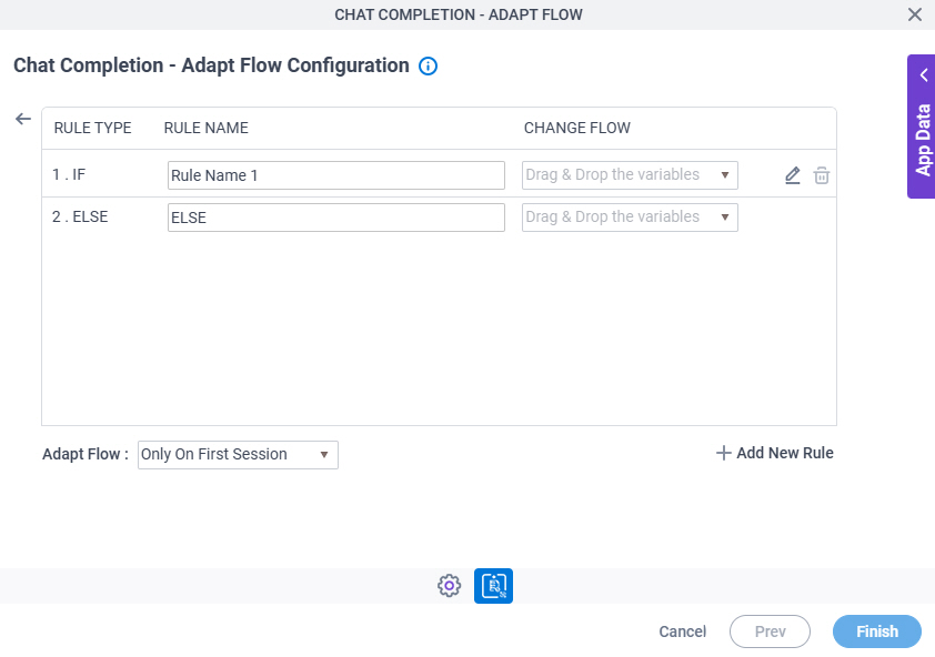 Chat Completion Adapt Flow Configuration Actions Set Action Trigger Condition screen