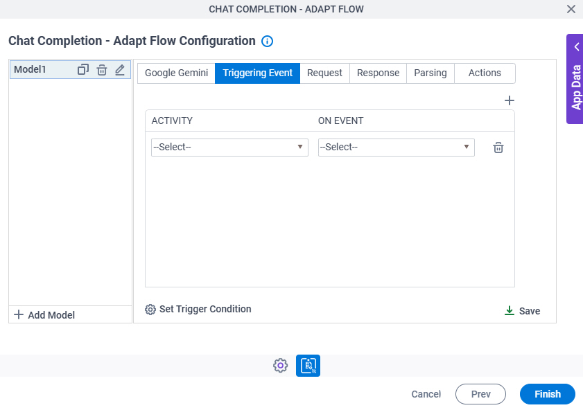 Chat Completion Adapt Flow Configuration Triggering Event tab