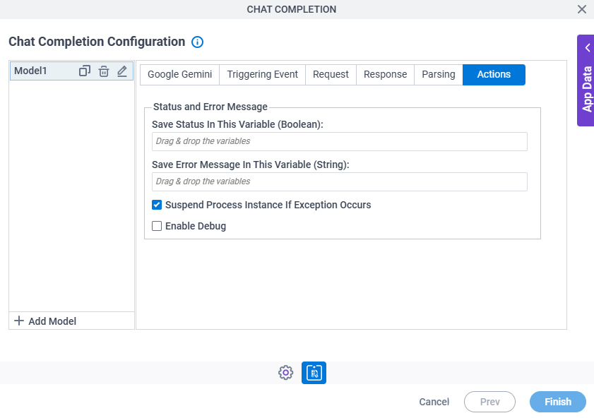 Chat Completion Configuration Actions tab