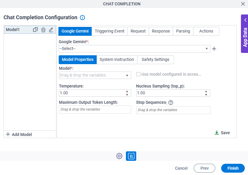 Chat Completion Configuration Google Gemini Model Properties tab