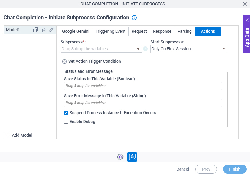 Chat Completion Initiate Subprocess Configuration Actions tab