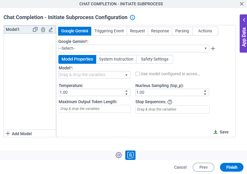 Chat Completion Initiate Subprocess Configuration GoogleGemini Model Properties tab