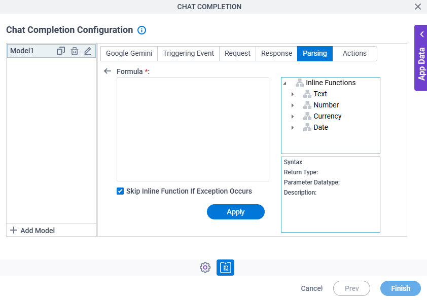 Chat Completion Configuration Parsing Inline Functions screen