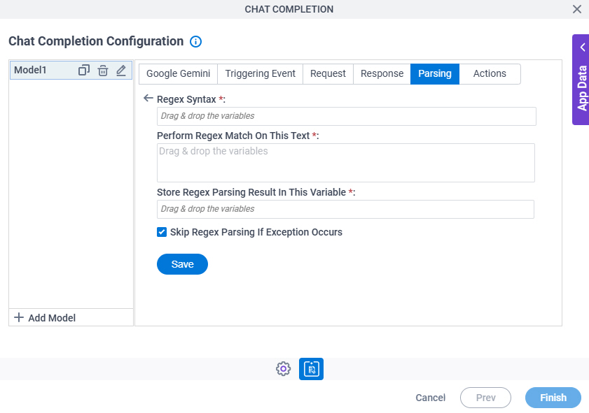 Chat Completion Configuration Parsing Regex Parsing screen