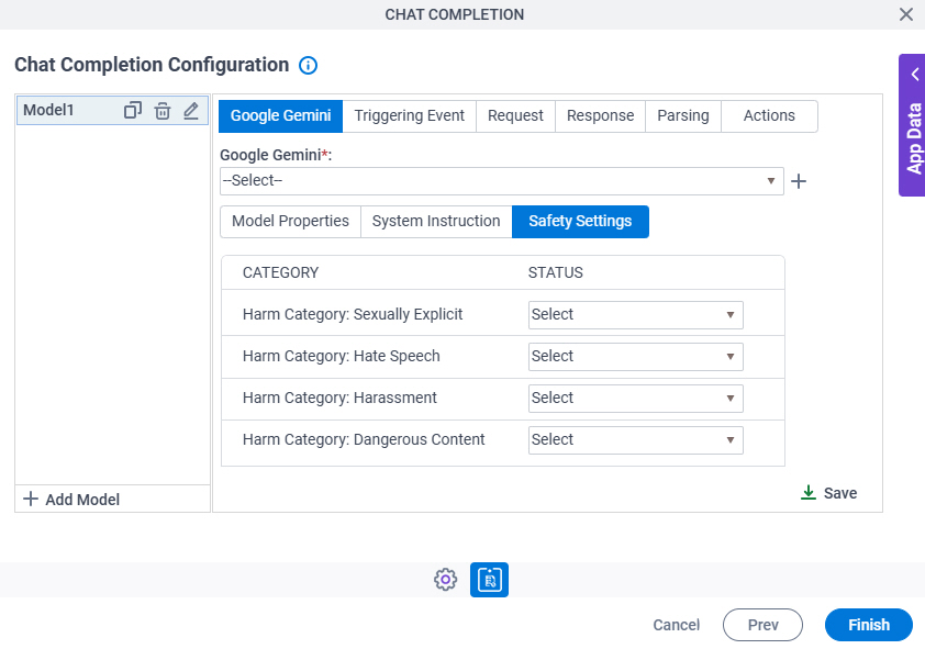 Chat Completion Configuration Google Gemini Safety Settings tab