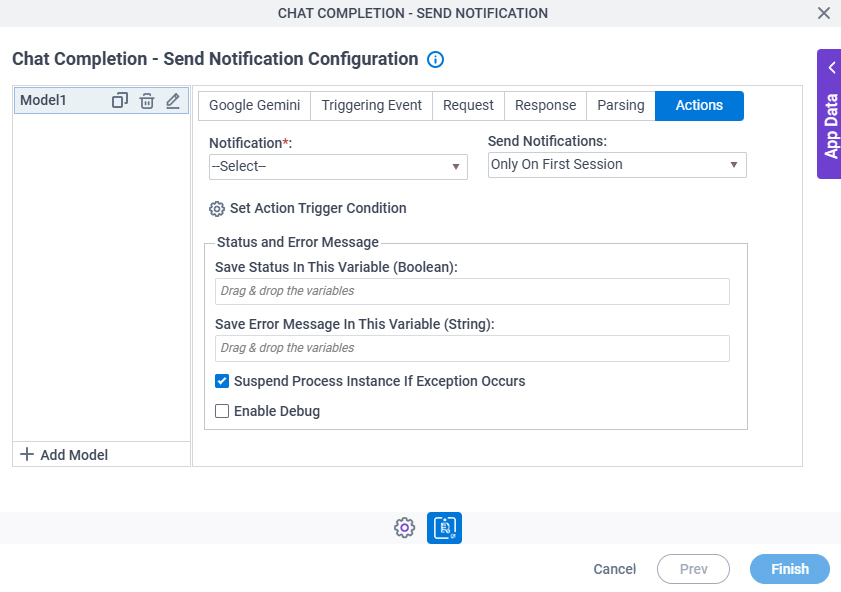 Chat Completion Send Notification Configuration Actions tab