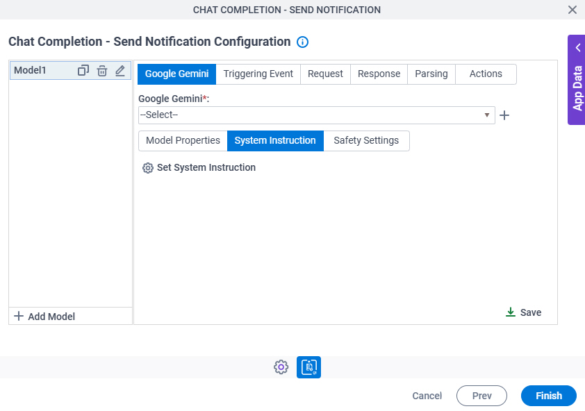 Chat Completion Configuration Google Gemini System Instruction tab