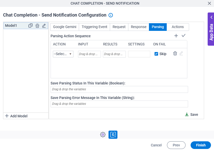 Chat Completion Send Notification Configuration Parsing tab