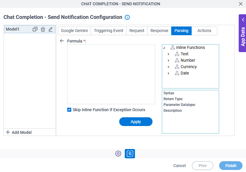 Chat Completion Send Notification Configuration Parsing Inline Functions screen