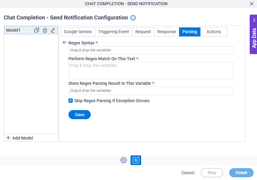 Chat Completion Send Notification Configuration Parsing Regex Parsing screen