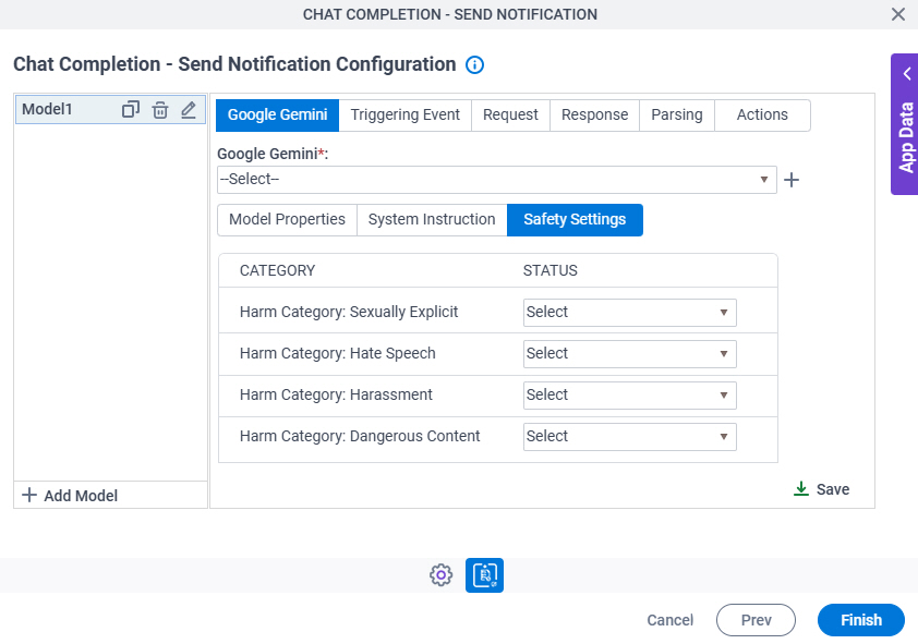 Chat Completion Send Notification Configuration Google Gemini Safety Settings tab