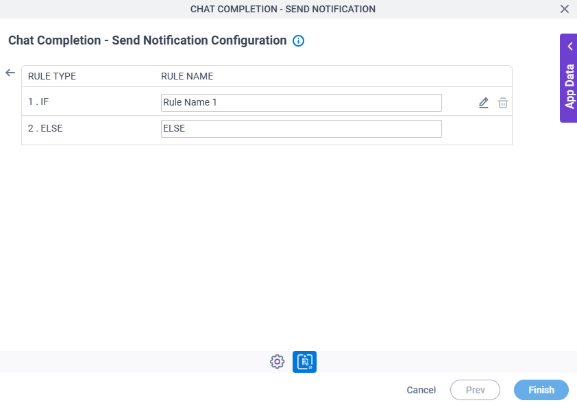Chat Completion Send Notification Configuration Actions Set Action Trigger Condition screen
