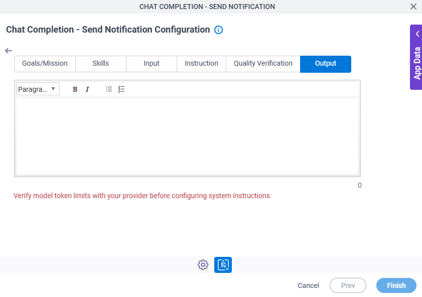 Chat Completion Send Notification Configuration System Instruction Output tab