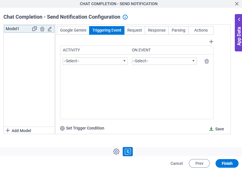 Chat Completion Send Notification Configuration Triggering Event tab