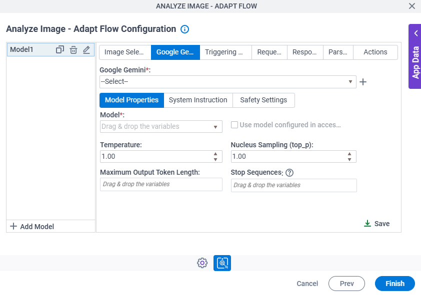 Analyze Image Adapt Flow Configuration Google Gemini Model Properties tab