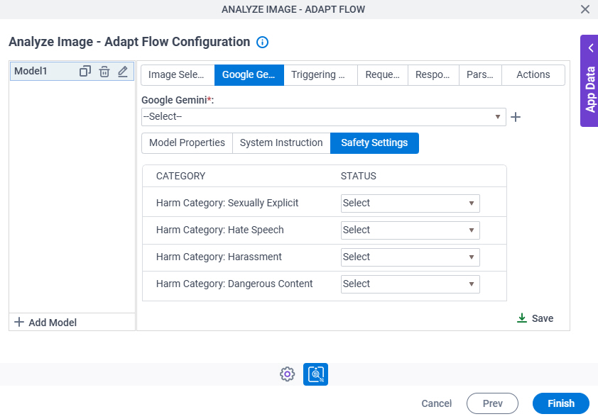 Analyze Image Adapt Flow Configuration Google Gemini Safety Settings tab