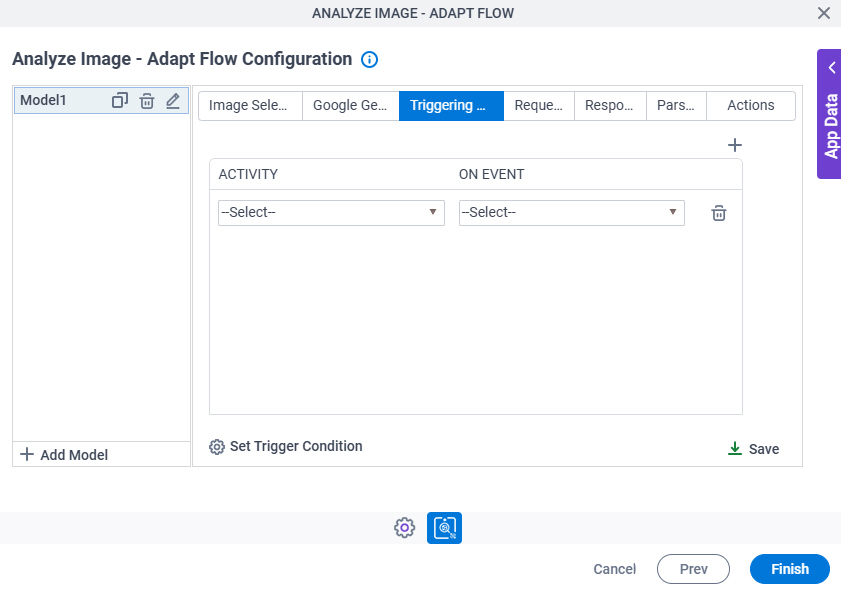 Analyze Image Adapt Flow Configuration Triggering Event tab