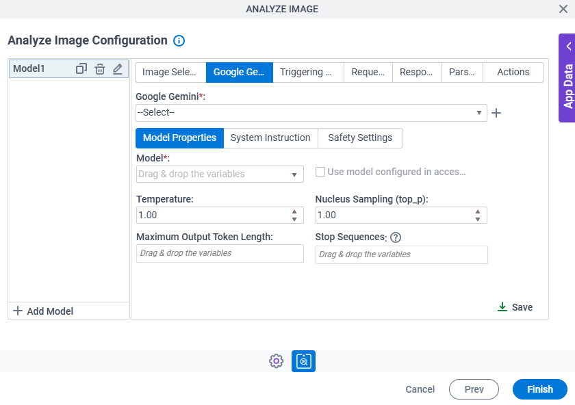 Analyze Image Configuration Google Gemini Model Properties tab